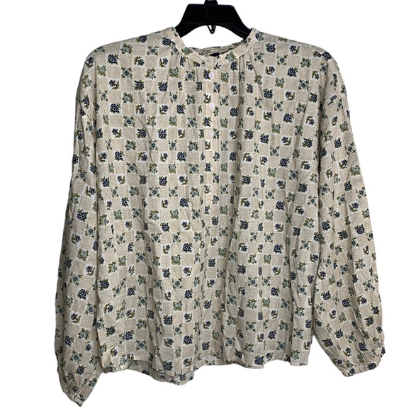 Universal Thread Womens Size XL Cream Floral Checkered Poet Blouse Half Button - Picture 1 of 11